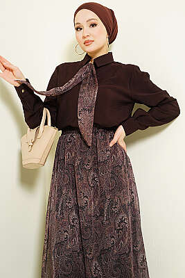 Retro Desenli Fularlı Etekli İkili Takım Acı Kahve - İkili Takım