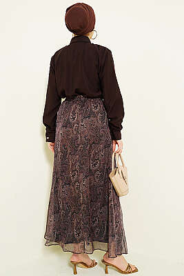 Retro Desenli Fularlı Etekli İkili Takım Acı Kahve - İkili Takım