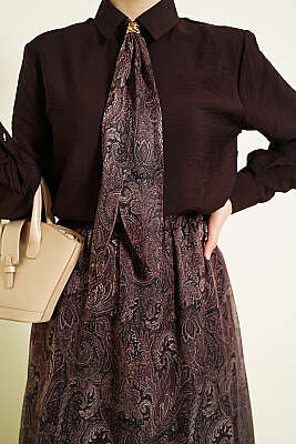 Retro Desenli Fularlı Etekli İkili Takım Acı Kahve - İkili Takım