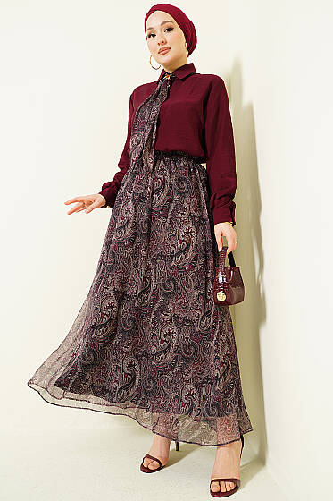 Retro Desenli Fularlı Etekli İkili Takım Bordo - İkili Takım