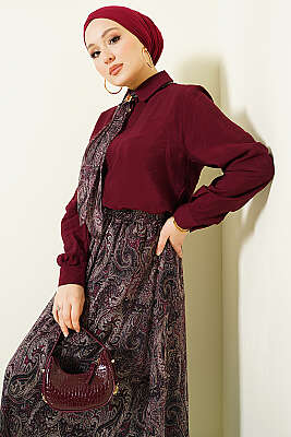 Retro Desenli Fularlı Etekli İkili Takım Bordo - İkili Takım