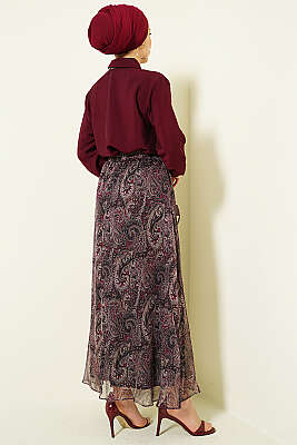 Retro Desenli Fularlı Etekli İkili Takım Bordo - İkili Takım