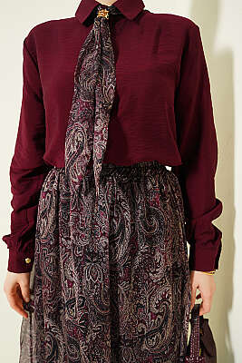 Retro Desenli Fularlı Etekli İkili Takım Bordo - İkili Takım