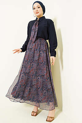 Retro Desenli Fularlı Etekli İkili Takım Lacivert - MUSTİ