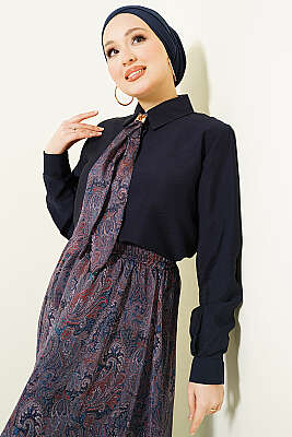 Retro Desenli Fularlı Etekli İkili Takım Lacivert - İkili Takım