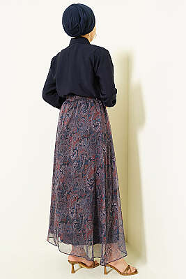 Retro Desenli Fularlı Etekli İkili Takım Lacivert - İkili Takım