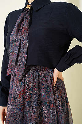 Retro Desenli Fularlı Etekli İkili Takım Lacivert - İkili Takım