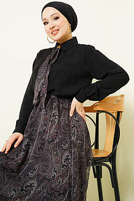 Retro Desenli Fularlı Etekli İkili Takım Siyah - MUSTİ