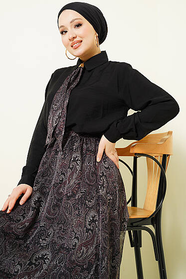 Retro Desenli Fularlı Etekli İkili Takım Siyah - İkili Takım