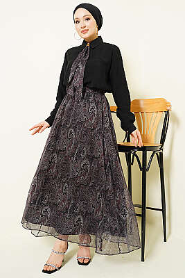 Retro Desenli Fularlı Etekli İkili Takım Siyah - İkili Takım