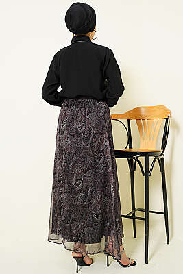 Retro Desenli Fularlı Etekli İkili Takım Siyah - İkili Takım