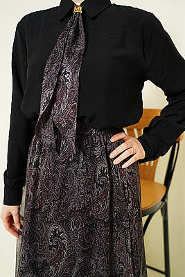 Retro Desenli Fularlı Etekli İkili Takım Siyah - İkili Takım