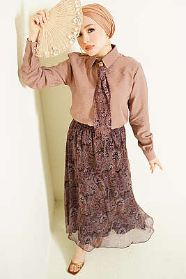 Retro Desenli Fularlı Etekli İkili Takım Vizon - MUSTİ