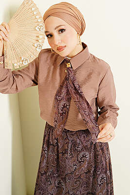 Retro Desenli Fularlı Etekli İkili Takım Vizon - İkili Takım