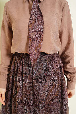 Retro Desenli Fularlı Etekli İkili Takım Vizon - İkili Takım