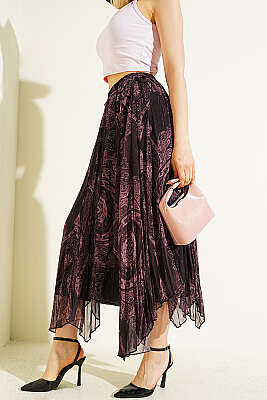 Retro Desenli Midi Şifon Etek Gül Kurusu - FİXAY