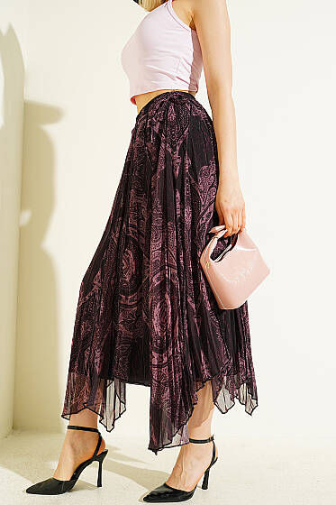 Retro Desenli Midi Şifon Etek Gül Kurusu - Kadın Giyim Modelleri