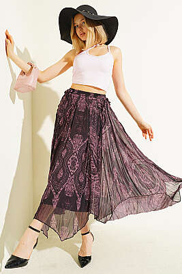 Retro Desenli Midi Şifon Etek Gül Kurusu - Kadın Giyim Modelleri