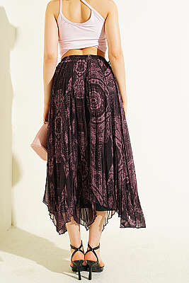 Retro Desenli Midi Şifon Etek Gül Kurusu - Kadın Giyim Modelleri