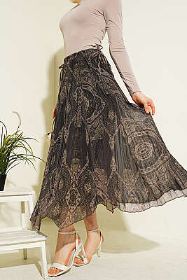 Retro Desenli Midi Şifon Etek Haki - FİXAY