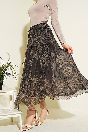 Retro Desenli Midi Şifon Etek Haki - Kadın Giyim Modelleri