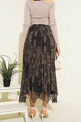 Retro Desenli Midi Şifon Etek Haki - Kadın Giyim Modelleri