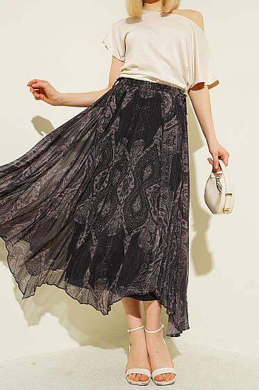 Retro Desenli Midi Şifon Etek Kahve - Kadın Giyim Modelleri