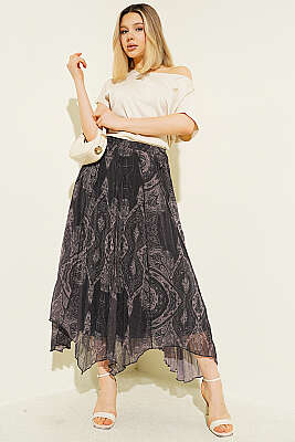 Retro Desenli Midi Şifon Etek Kahve - Kadın Giyim Modelleri