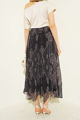 Retro Desenli Midi Şifon Etek Kahve - Kadın Giyim Modelleri