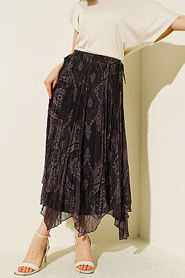 Retro Desenli Midi Şifon Etek Vizon - Kadın Giyim Modelleri