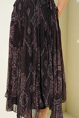 Retro Desenli Midi Şifon Etek Vizon - Kadın Giyim Modelleri