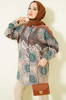 Retro Desenli Oversize Gömlek Kahve - POLO LIVE