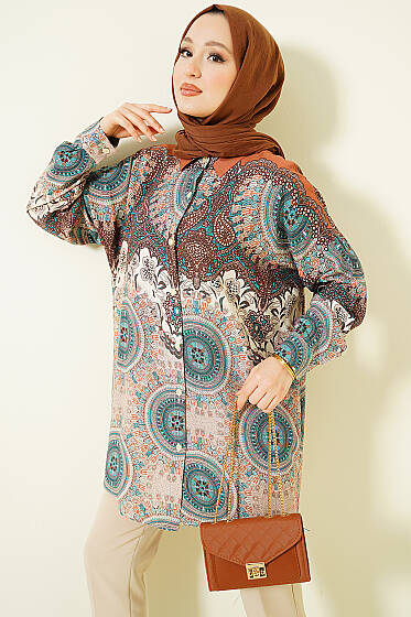 Retro Desenli Oversize Gömlek Kahve - Gömlek