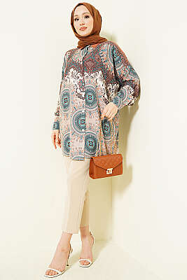 Retro Desenli Oversize Gömlek Kahve - Gömlek