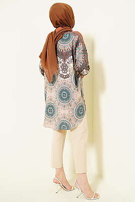 Retro Desenli Oversize Gömlek Kahve - Gömlek