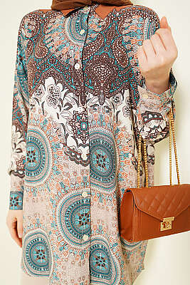 Retro Desenli Oversize Gömlek Kahve - Gömlek