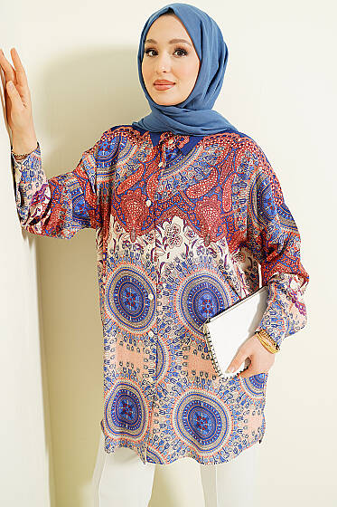 Retro Desenli Oversize Gömlek Saks - Gömlek