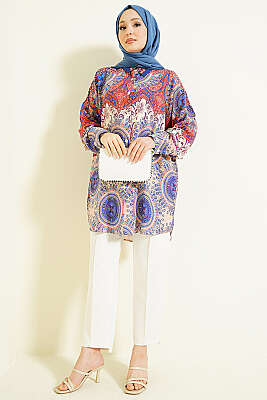 Retro Desenli Oversize Gömlek Saks - Gömlek