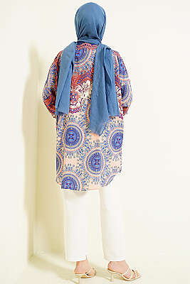 Retro Desenli Oversize Gömlek Saks - Gömlek