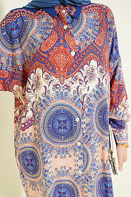 Retro Desenli Oversize Gömlek Saks - Gömlek