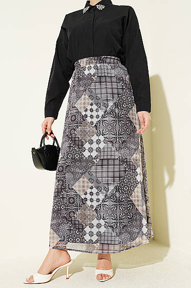 Retro Kare Çizgili Şifon Etek Füme - Etek