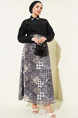 Retro Kare Çizgili Şifon Etek Füme - Etek