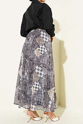 Retro Kare Çizgili Şifon Etek Füme - Etek