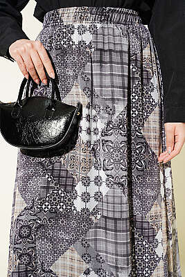 Retro Kare Çizgili Şifon Etek Füme - Etek