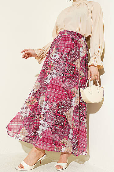 Retro Kare Çizgili Şifon Etek Magenta - Etek