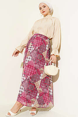 Retro Kare Çizgili Şifon Etek Magenta - Etek