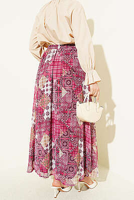 Retro Kare Çizgili Şifon Etek Magenta - Etek