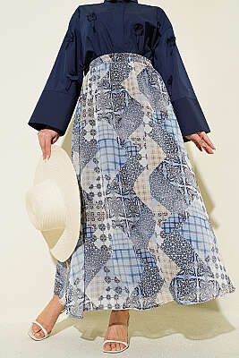 Retro Kare Çizgili Şifon Etek Mavi - TEGOE