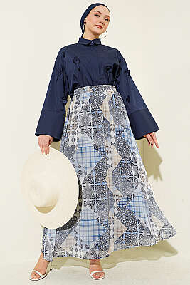 Retro Kare Çizgili Şifon Etek Mavi - Etek