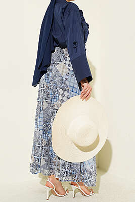 Retro Kare Çizgili Şifon Etek Mavi - Etek